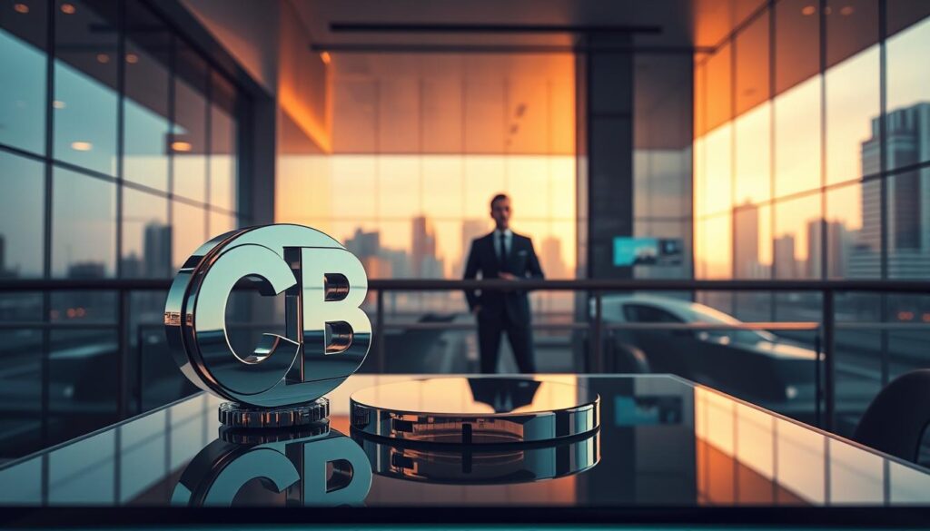 Um cenário financeiro contemporâneo, onde um "investimento CDB" se desdobra em um cenário de arquitetura moderna e elegante. Em primeiro plano, um instrumento de investimento em CDB, polido e cromado, brilha sob uma iluminação suave e direcional, projetando reflexos sutis sobre uma mesa de vidro minimalista. No centro, uma figura bem-vestida, um "investido visionário", imersa em contemplação, cercada por discretos displays de dados e ferramentas analíticas. A atmosfera geral é de sofisticação, precisão e busca por decisões de investimento estratégicas e informadas.