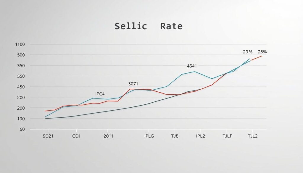 A detailed comparison chart depicting the Selic rate alongside other key interest rates, such as the CDI, IPCA, and TJLP. The chart is presented against a neutral, yet sophisticated background, with clean lines and a muted color palette to keep the focus on the data. The visualization is crisp and easy to interpret, allowing the viewer to quickly grasp the relationships between the different rates. The overall aesthetic is professional and well-suited for an informative article on the Selic rate and its impact.