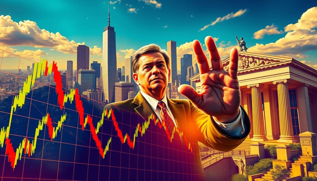 A vibrant and dynamic illustration of the impact of the Selic rate on the Brazilian economy. In the foreground, a stock market graph depicts the fluctuations of key financial indicators, with bold colors and striking angles conveying the volatility of the market. In the middle ground, a central bank official making a decisive hand gesture, symbolizing the authority and influence of monetary policy decisions. In the background, a cityscape with towering skyscrapers, reflecting the broad economic consequences of Selic rate changes. The scene is illuminated by warm, golden lighting, creating a sense of urgency and importance. Shadows and highlights accentuate the depth and three-dimensional nature of the composition, resulting in a visually striking and impactful image.